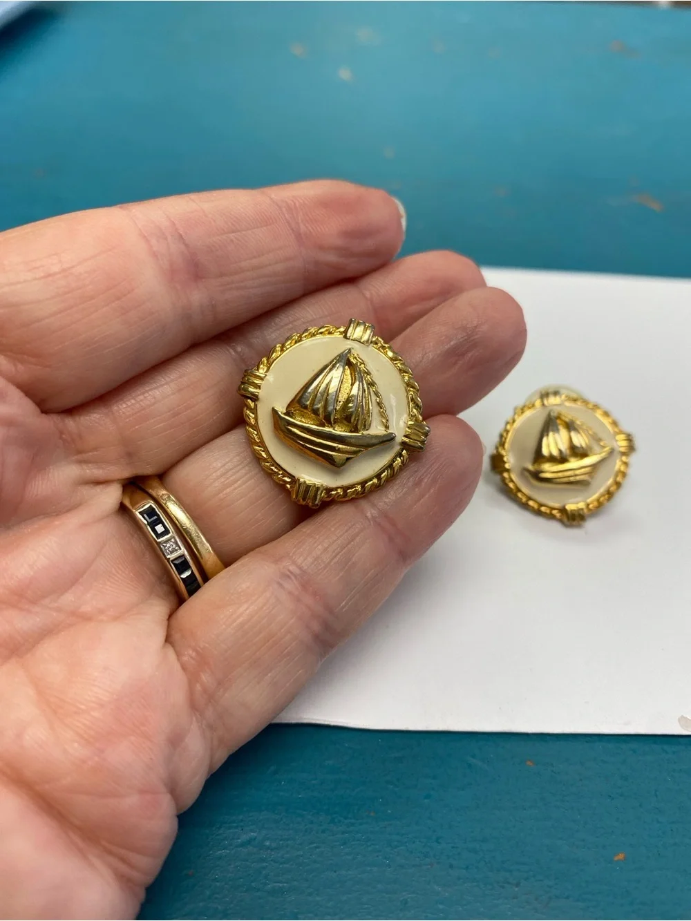 Vintage Gold-Tone Sailing Ship Round Button Earrings in Cream. Enamel